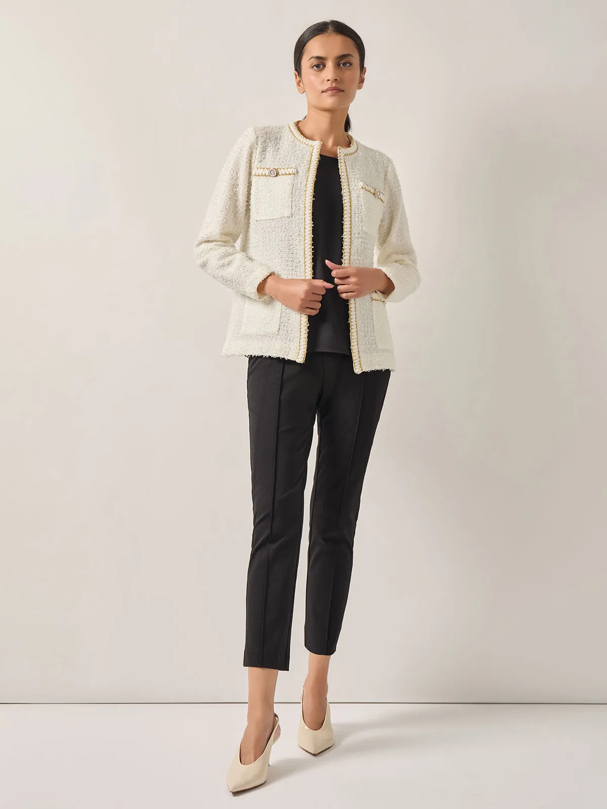 Relaxed Fit Boucle Lurex Crochet Trim Knit Jacket