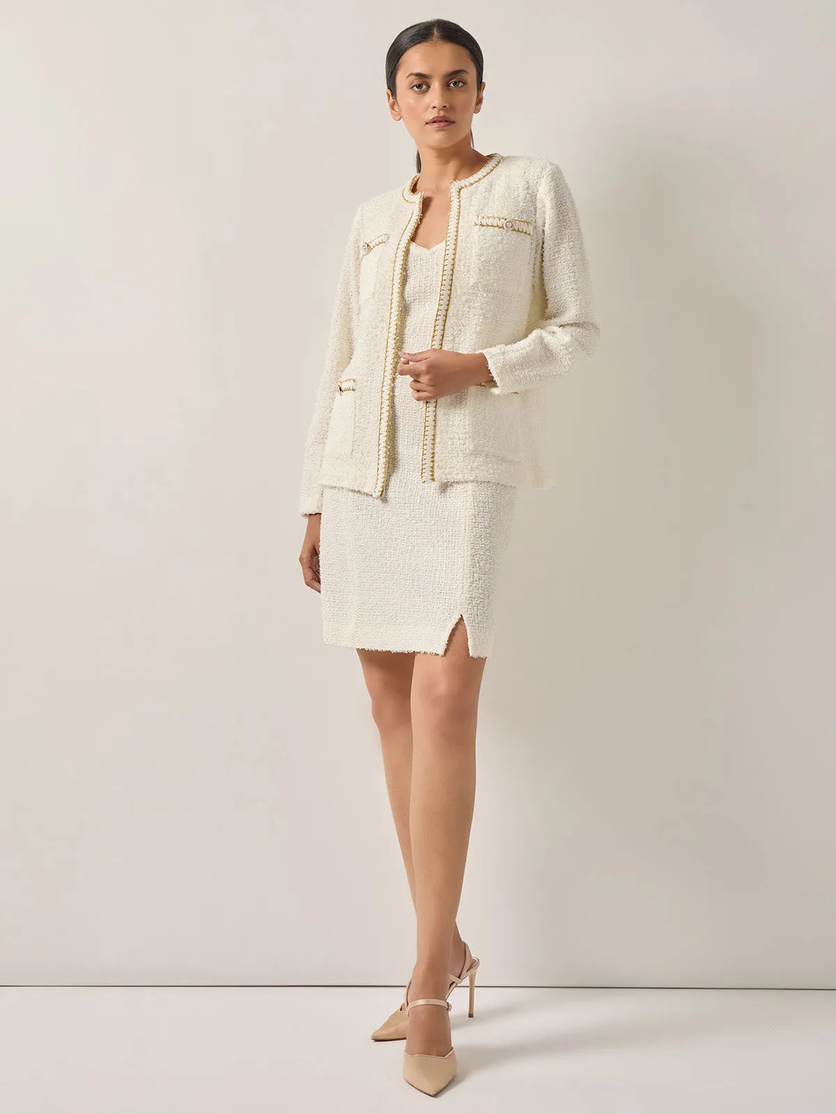 Relaxed Fit Boucle Lurex Crochet Trim Knit Jacket