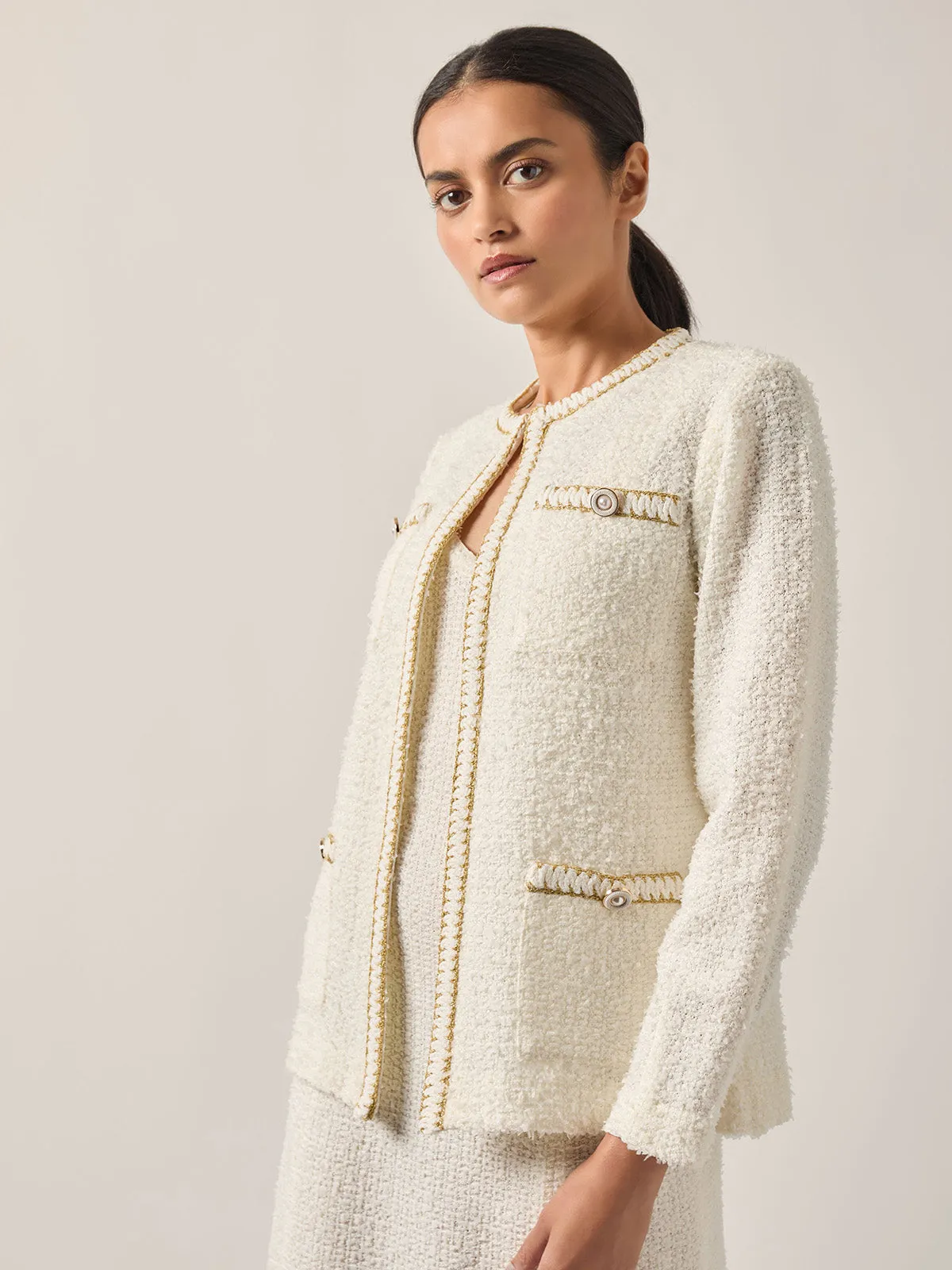 Relaxed Fit Boucle Lurex Crochet Trim Knit Jacket