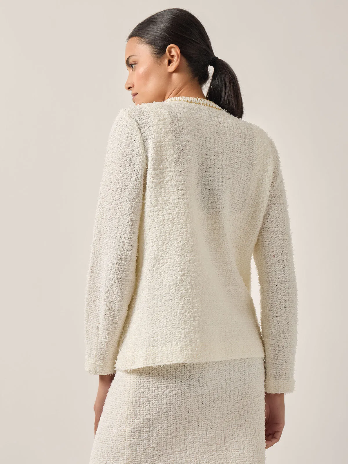 Relaxed Fit Boucle Lurex Crochet Trim Knit Jacket