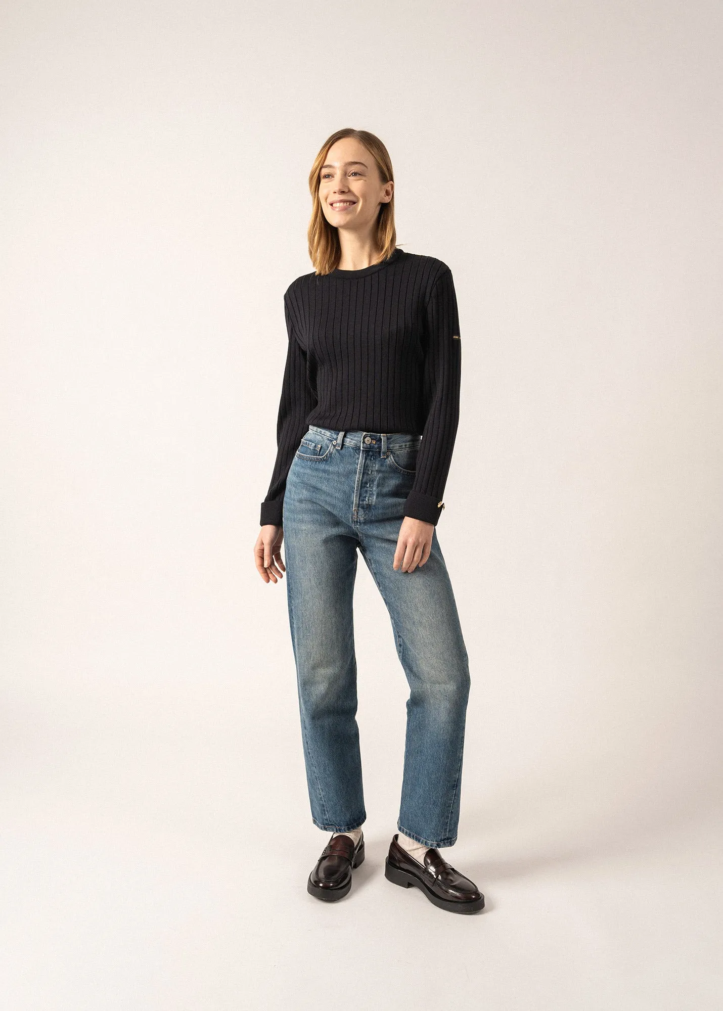 Rivage Flat Ribbed Jumper - round neck, in wool (NAVY)