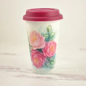 Ruby and Pink Roses Insulated Porcelain Coffee Travel Mug Hand Painted