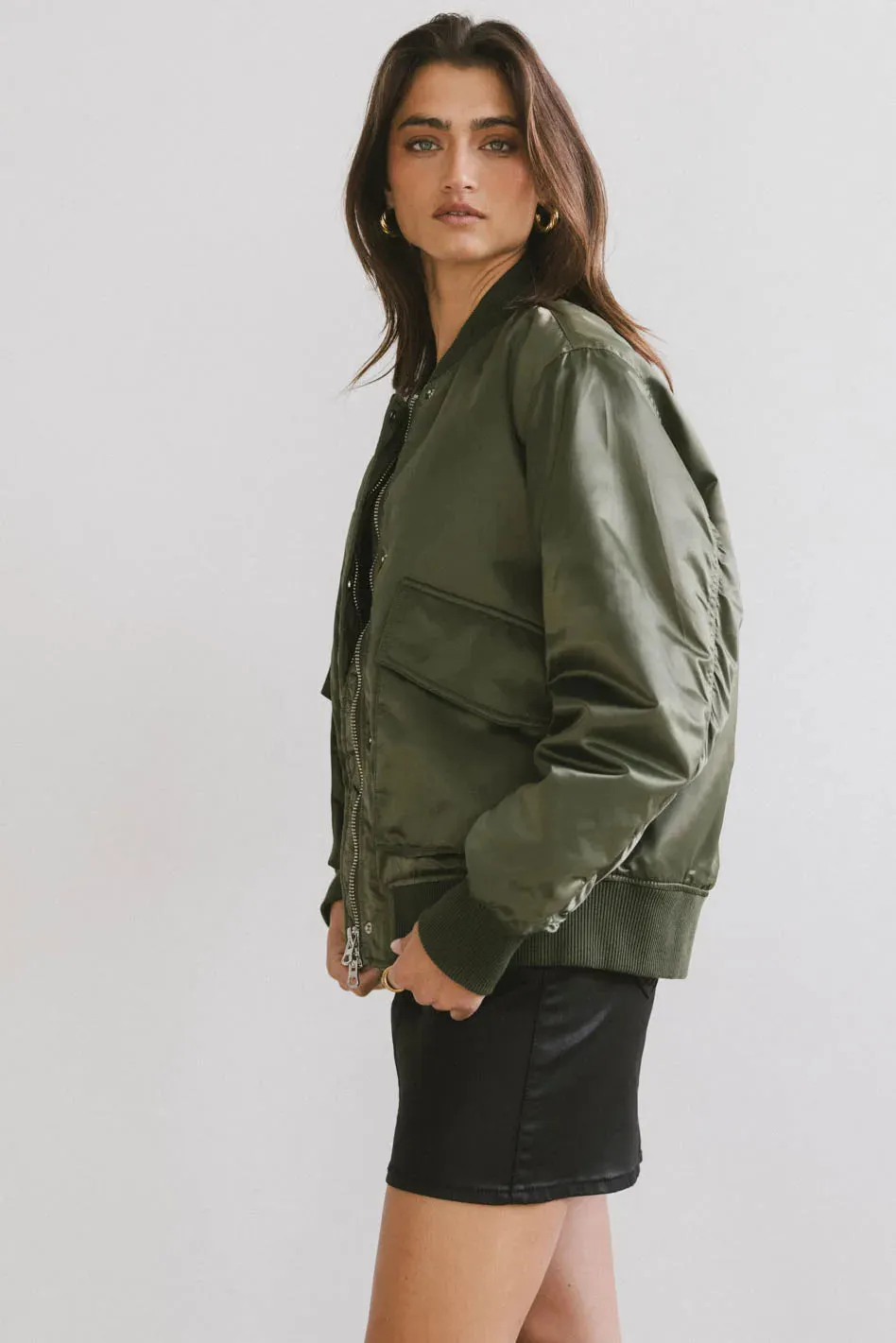 Rylee Satin Bomber Jacket in Green