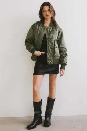 Rylee Satin Bomber Jacket in Green