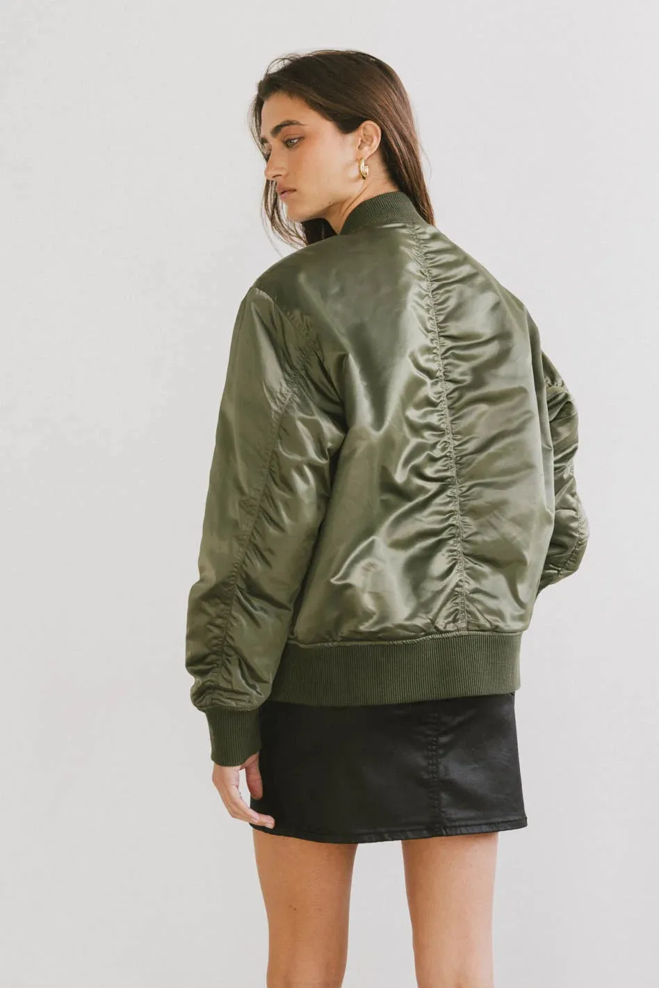 Rylee Satin Bomber Jacket in Green