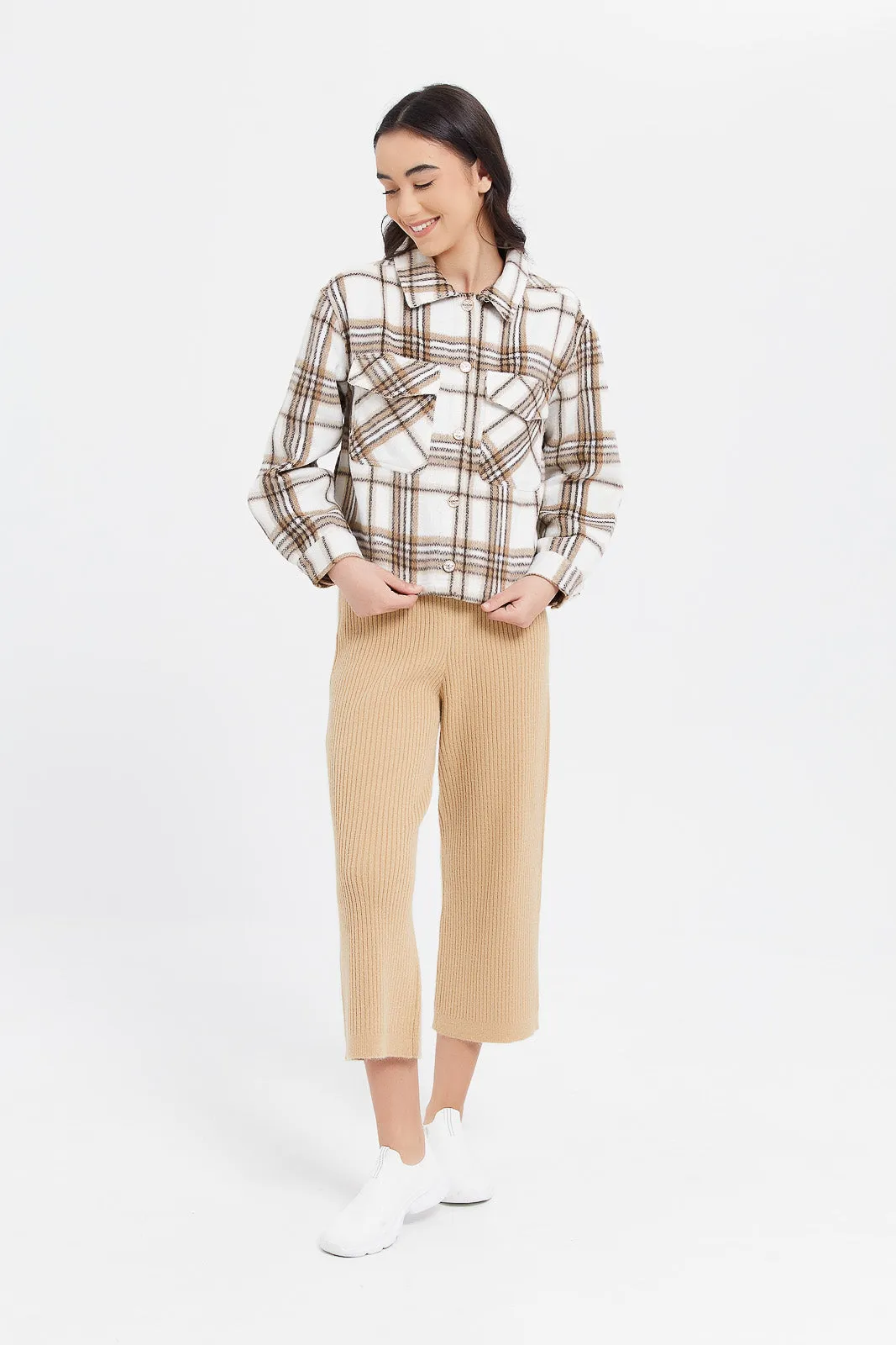 Senior Girls Beige And Brown Checkered Jacket