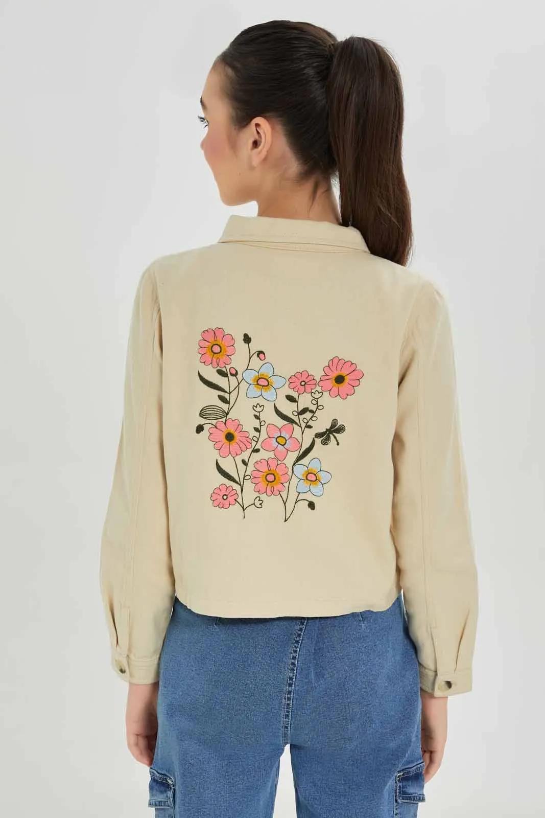 Senior Girls Beige Embroidered Jacket