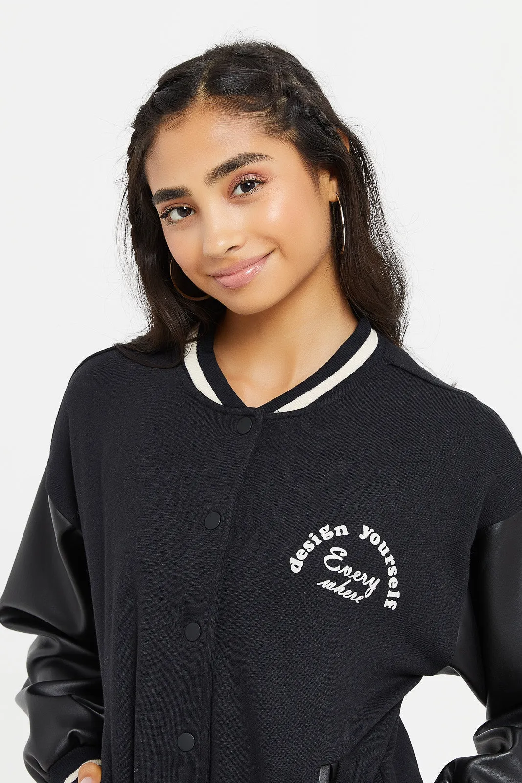 Senior Girls Black Bomber Jacket With Pu On Sleeve