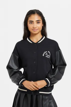 Senior Girls Black Bomber Jacket With Pu On Sleeve