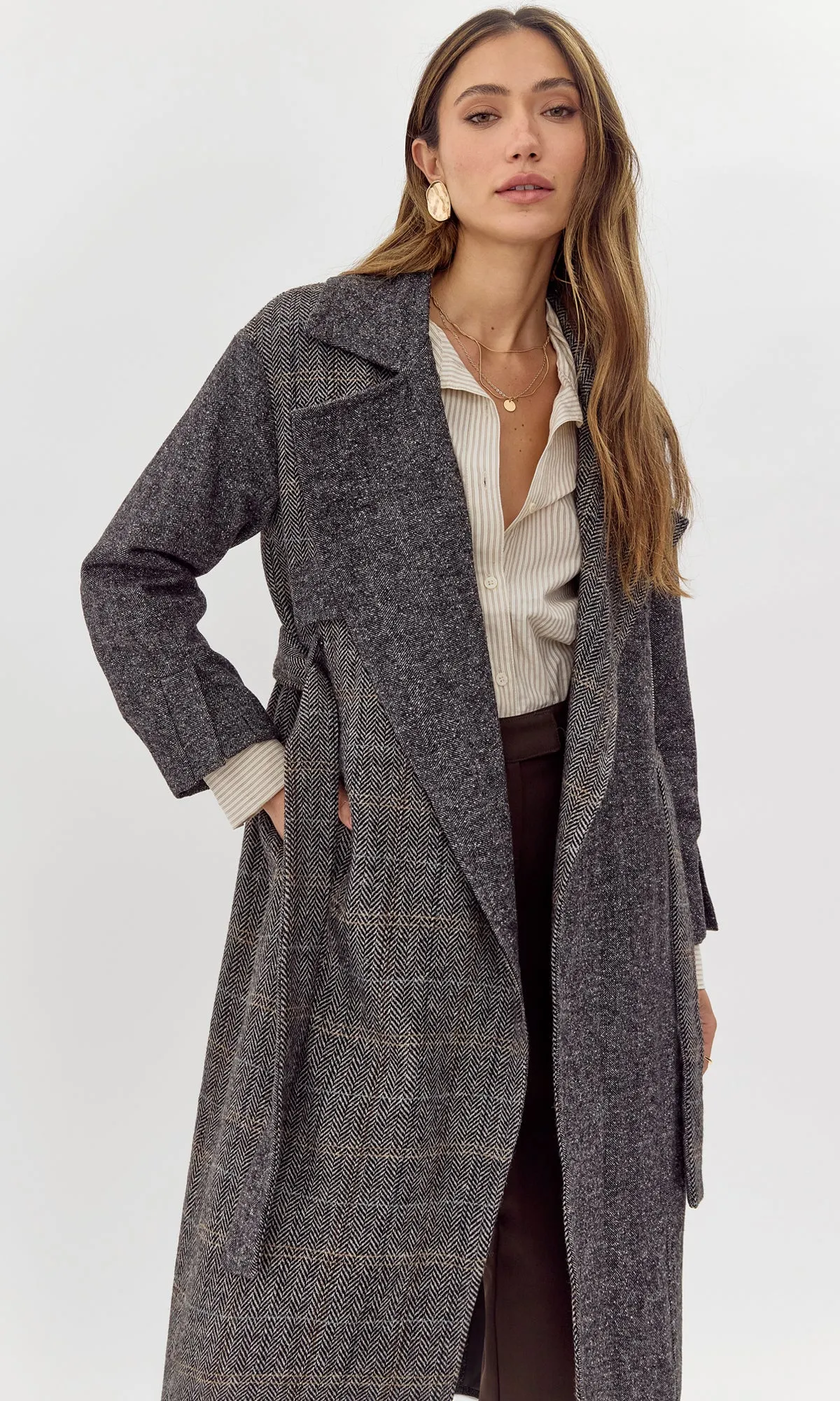 Shia Herringbone Belted Trench Coat