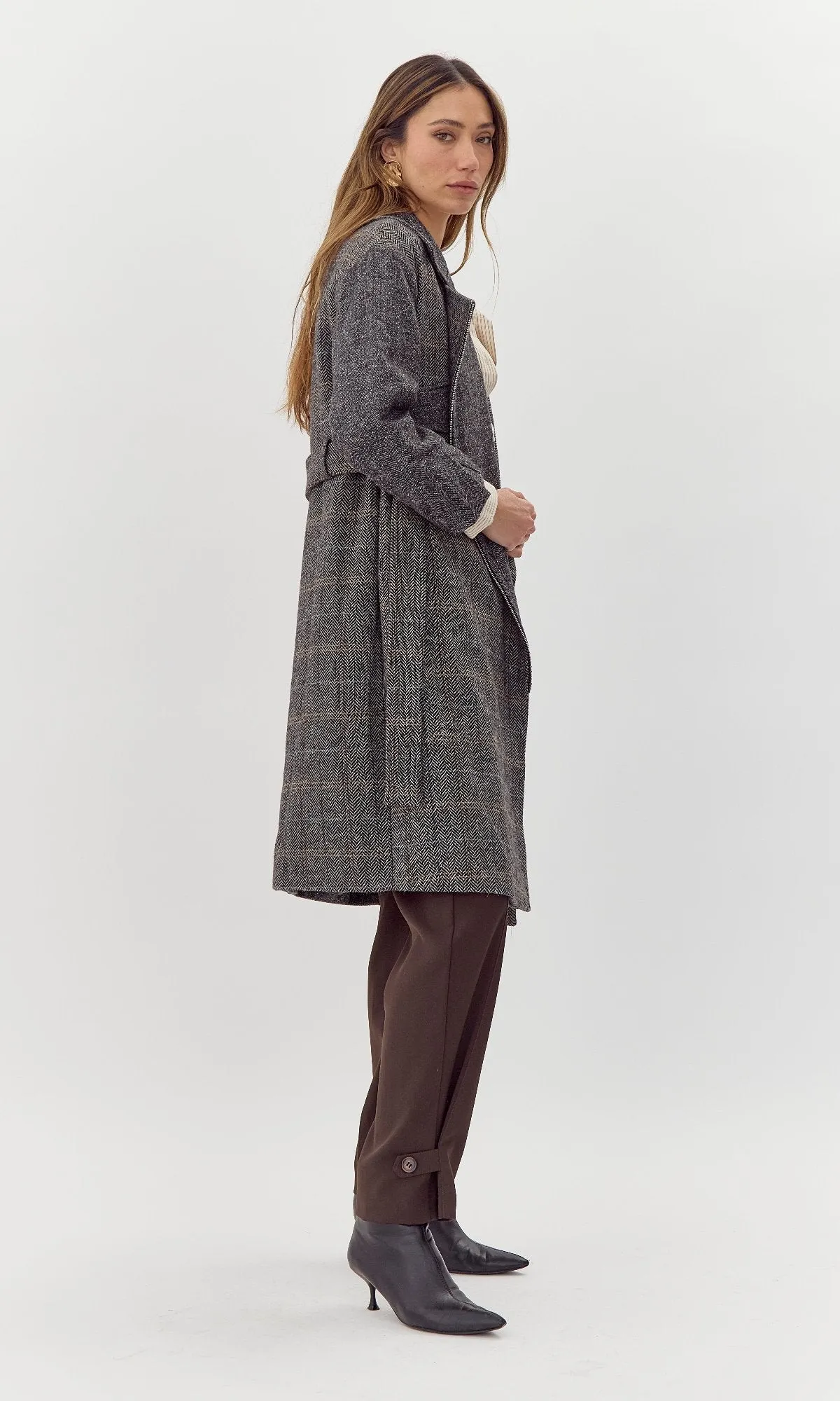 Shia Herringbone Belted Trench Coat