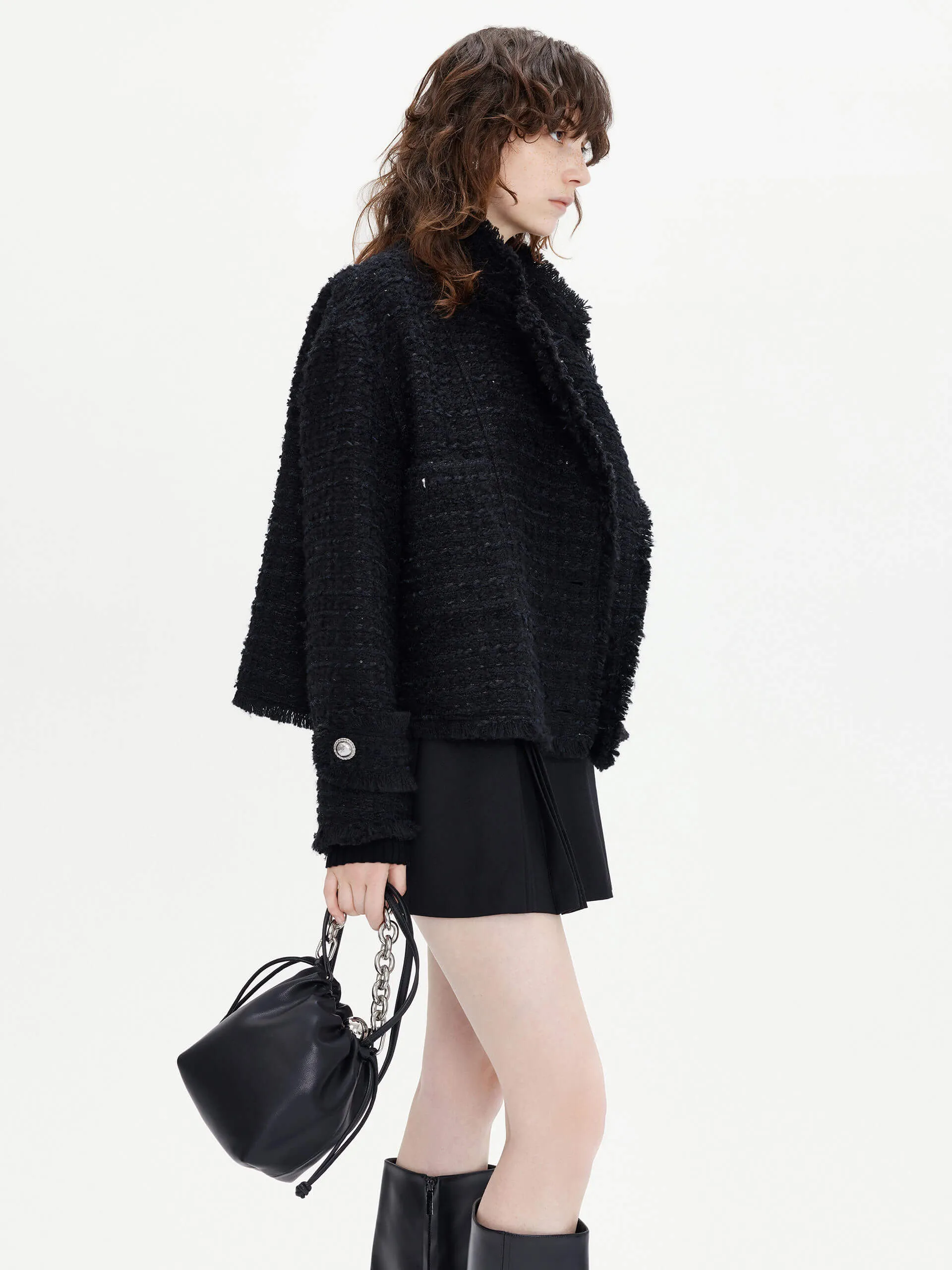 Slanted Placket Tweed Coat