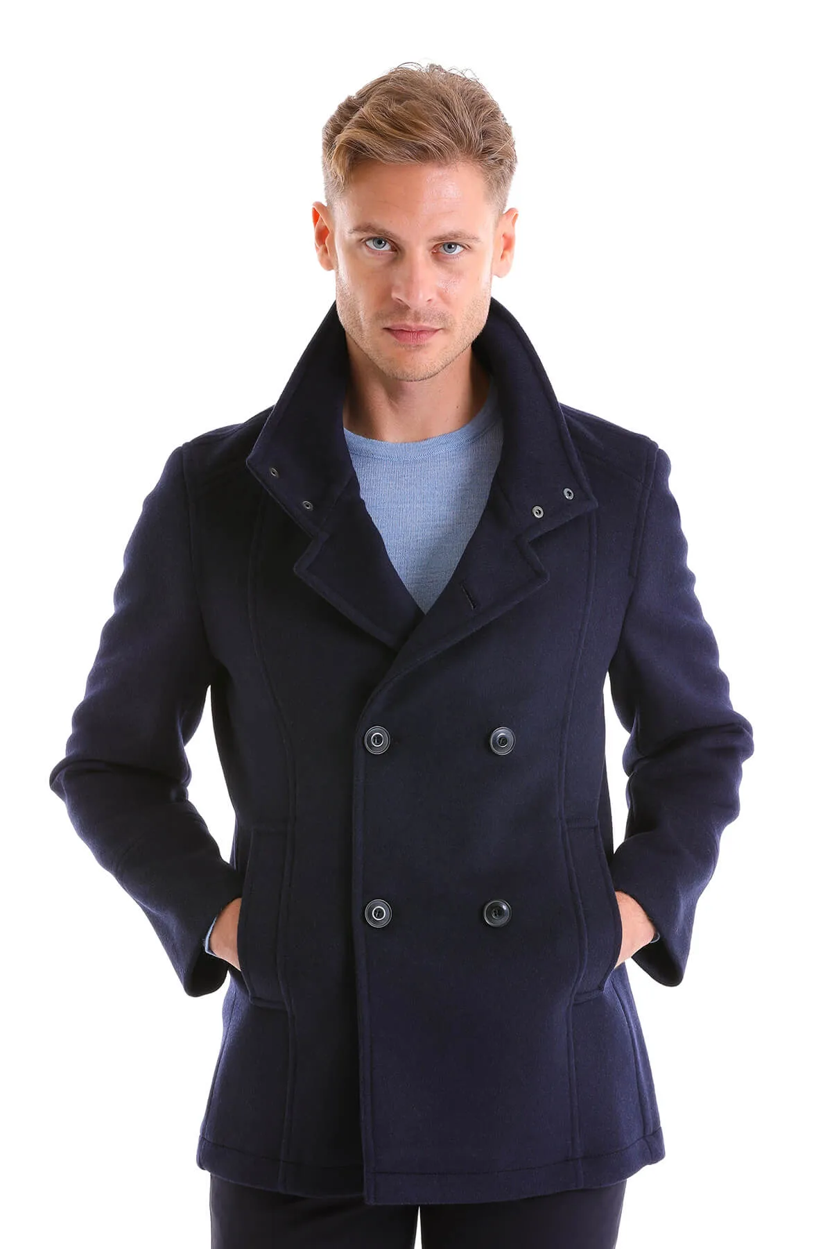 Slim Fit Double Breasted Navy Wool Blend Coat