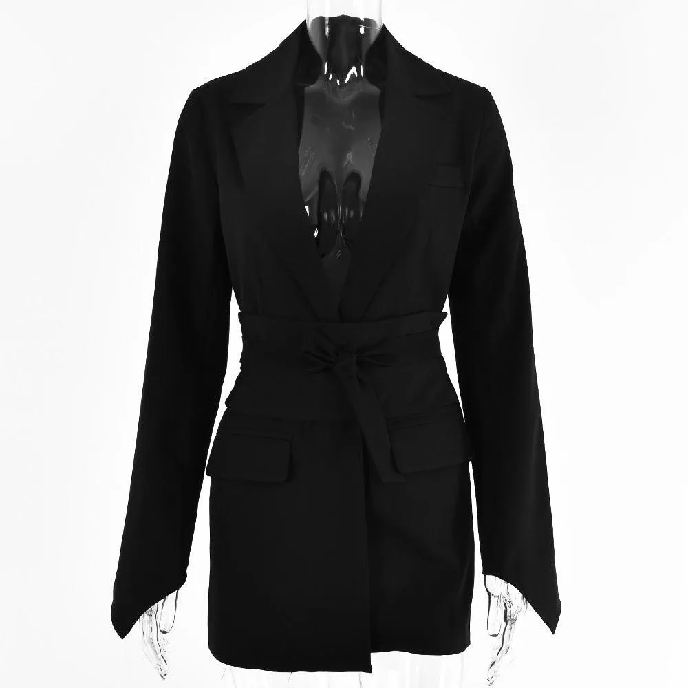 Solid Color Long Sleeved Cardigan Strap Belted Waist Jacket