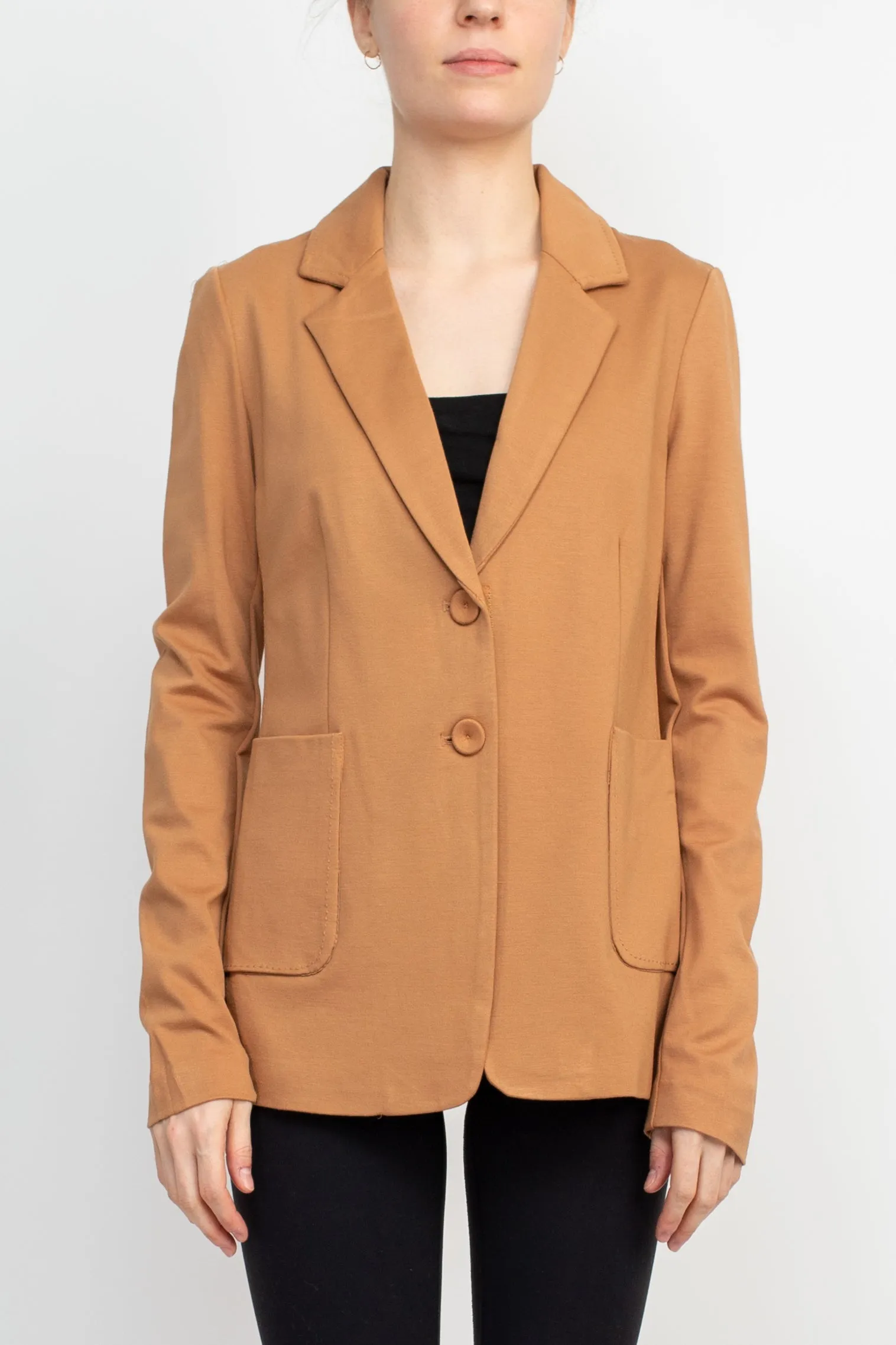 T Tahari Notched Collar Two Button Long Sleeve With Patch Pockets Knit Blazer