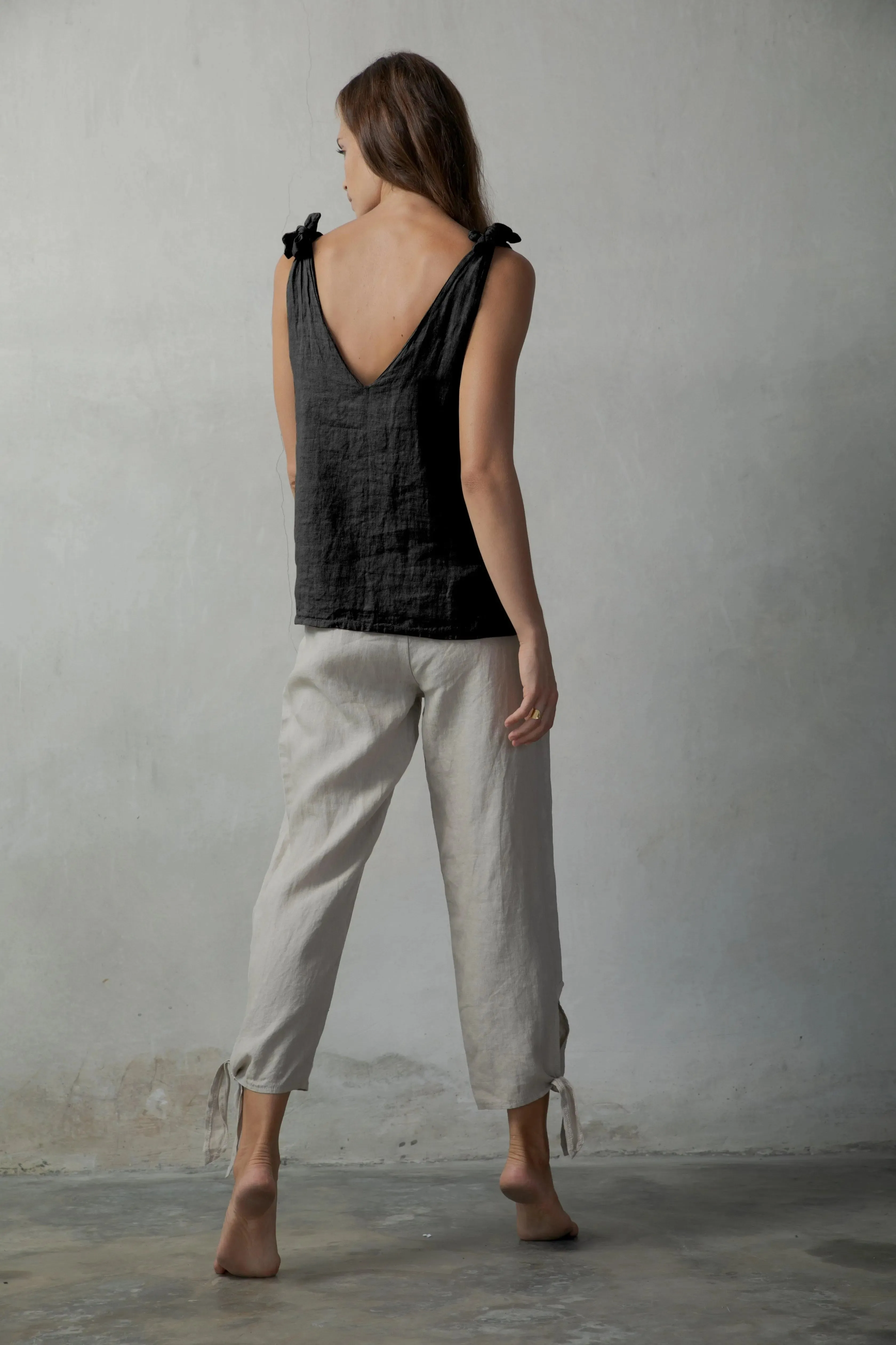 Tie Knot Linen Cami Top Black