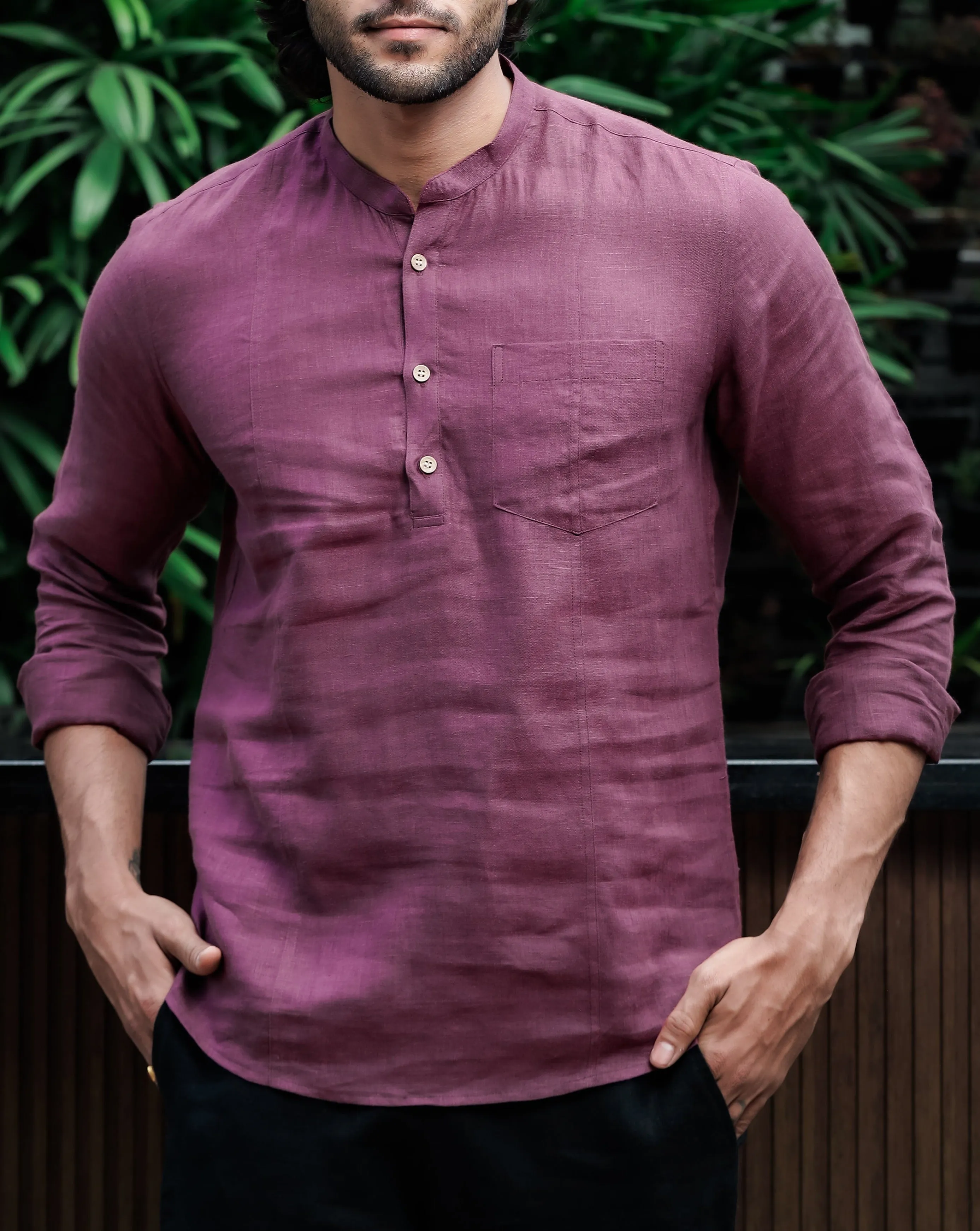 Trevor - Half Placket Pure Linen Full Sleeve Shirt - Twilight Purple