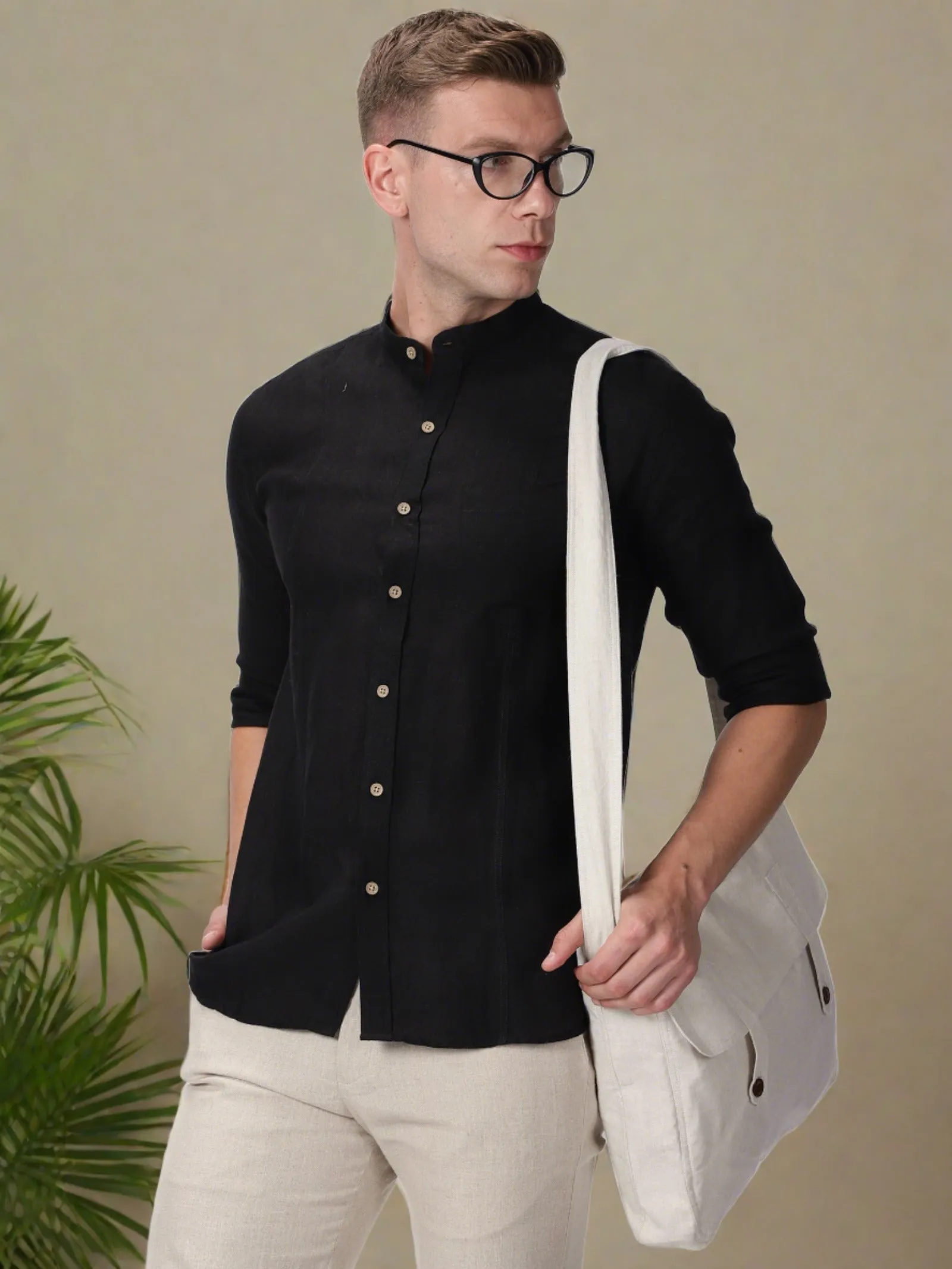 Trevor - Pure Linen Mandarin Collar Full Sleeve Shirt - Black