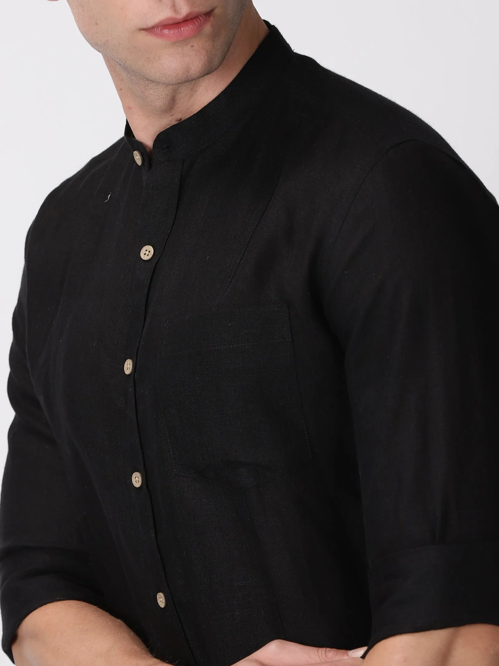 Trevor - Pure Linen Mandarin Collar Full Sleeve Shirt - Black