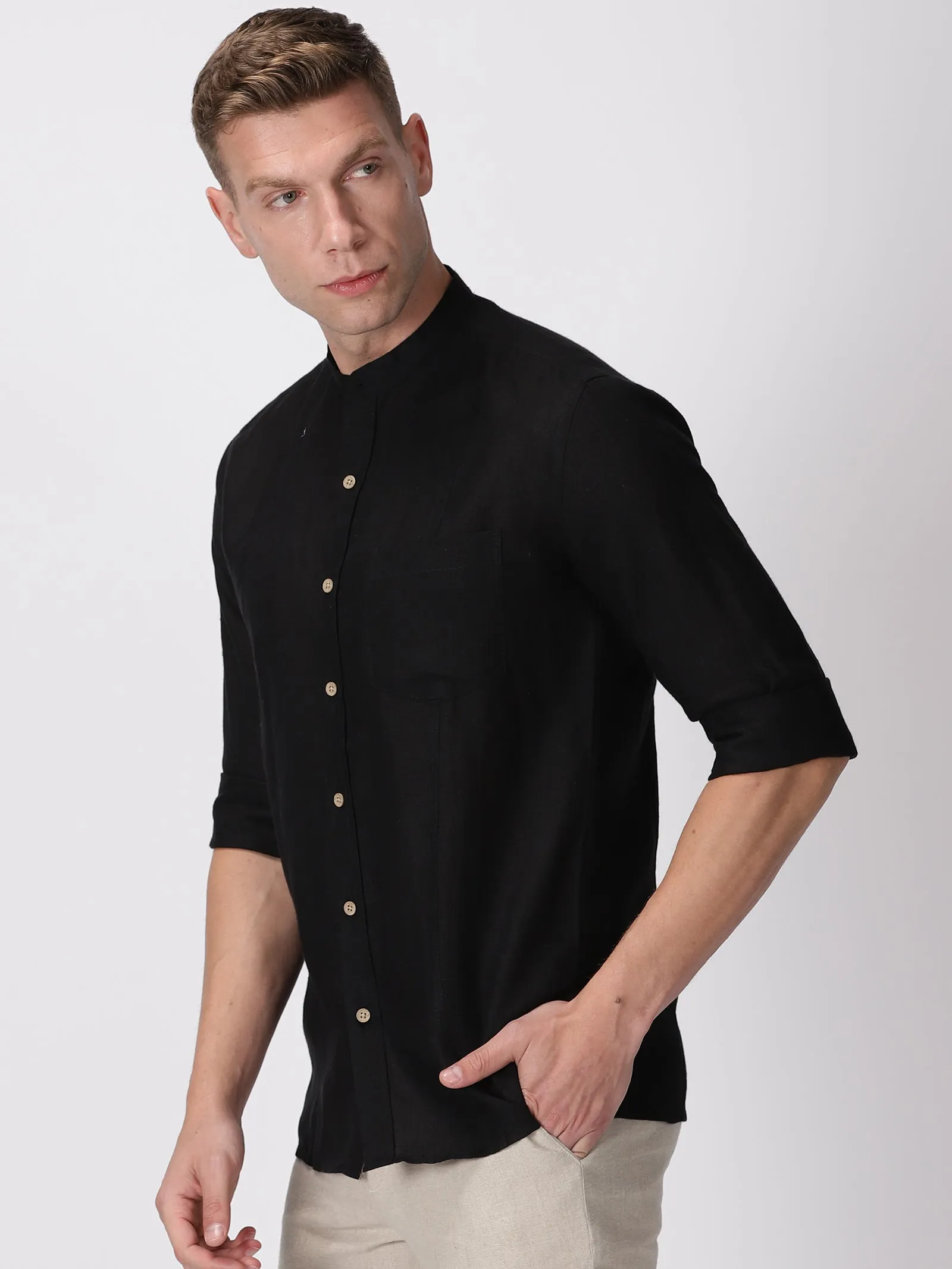 Trevor - Pure Linen Mandarin Collar Full Sleeve Shirt - Black