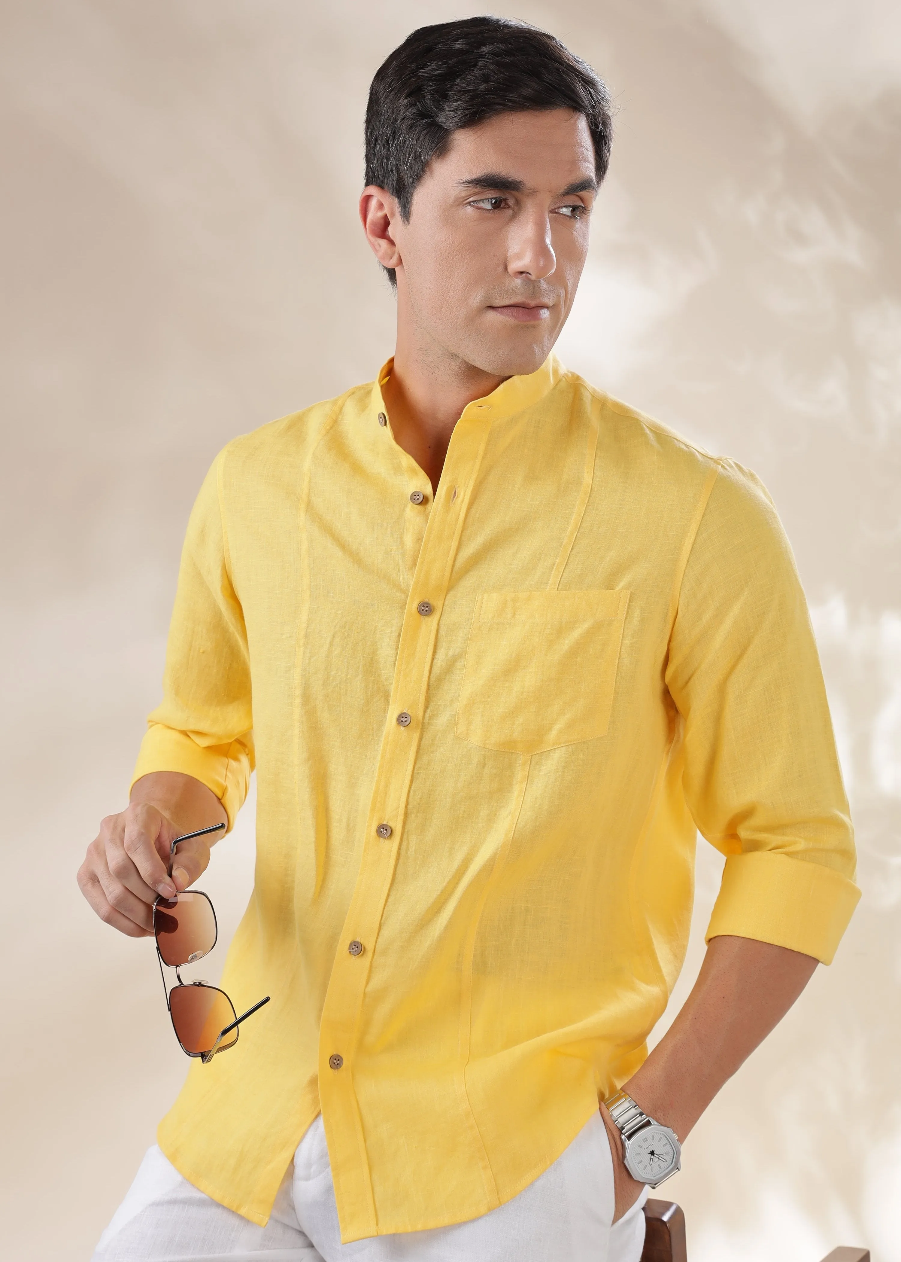 Trevor - Pure Linen Mandarin Collar Full Sleeve Shirt - Citrus Yellow