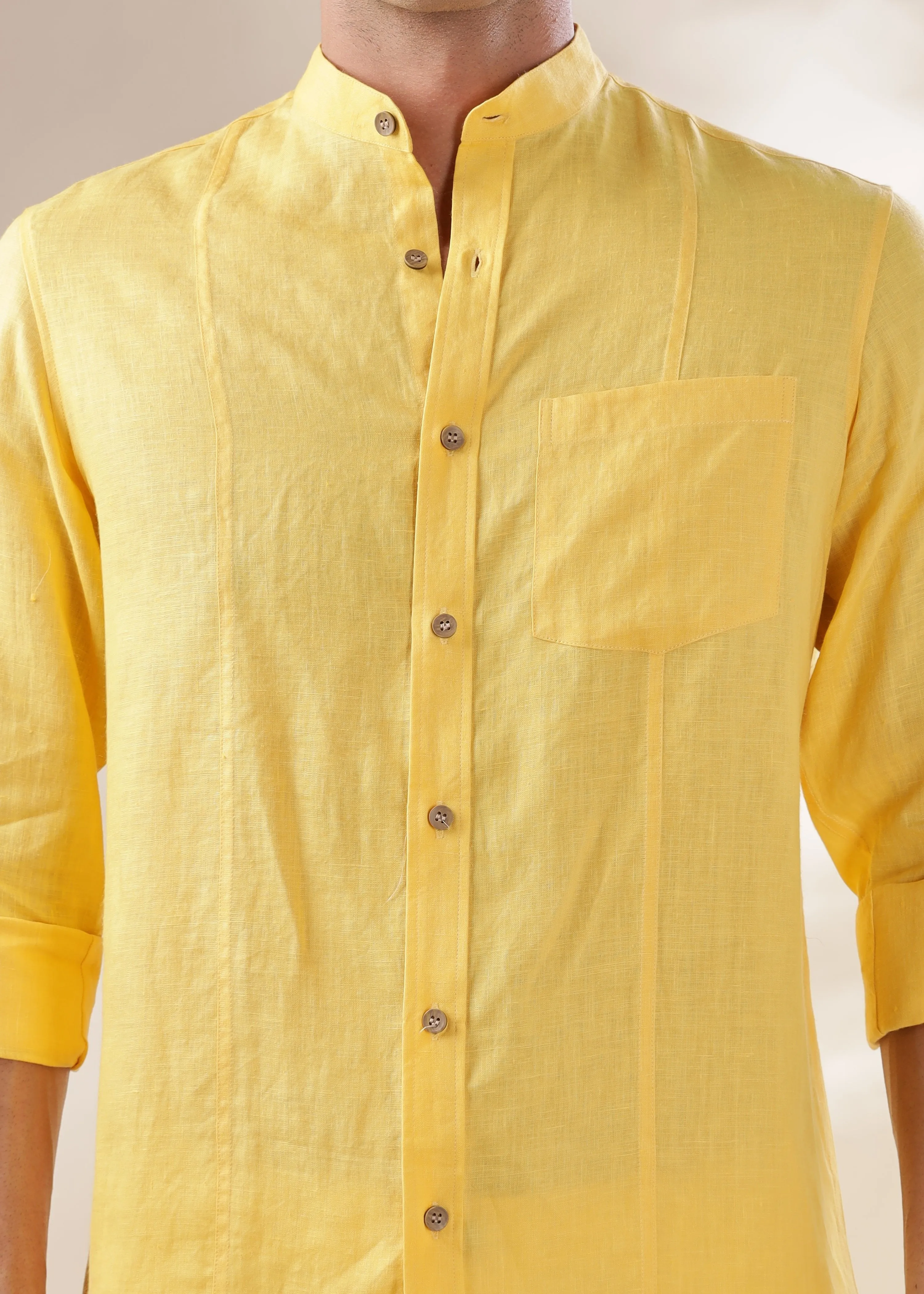 Trevor - Pure Linen Mandarin Collar Full Sleeve Shirt - Citrus Yellow