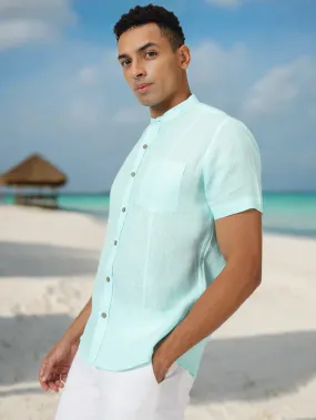 Trevor - Pure Linen Mandarin Collar Half Sleeve Shirt - Cyan Blue (Factory Rescue)