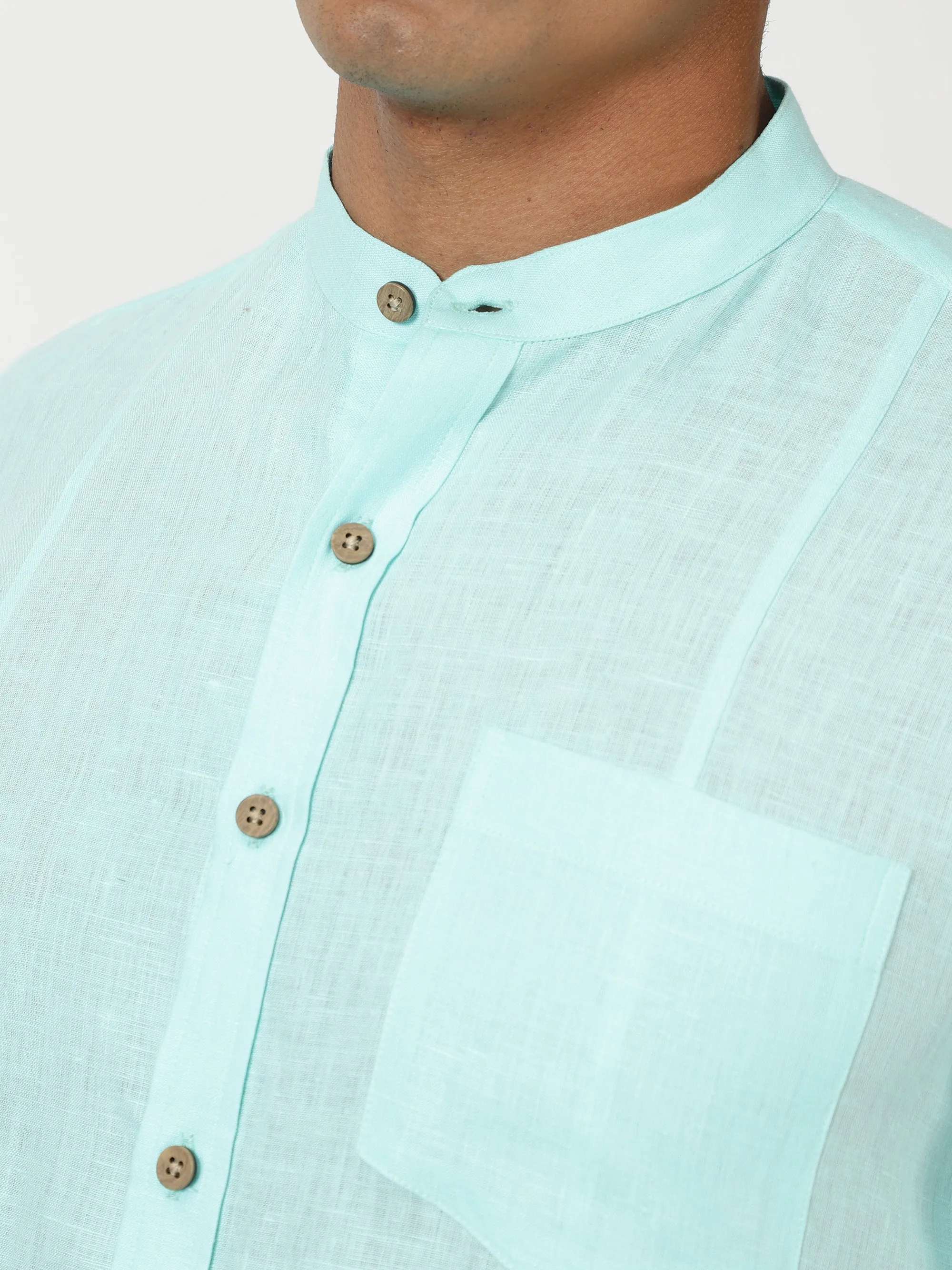 Trevor - Pure Linen Mandarin Collar Half Sleeve Shirt - Cyan Blue