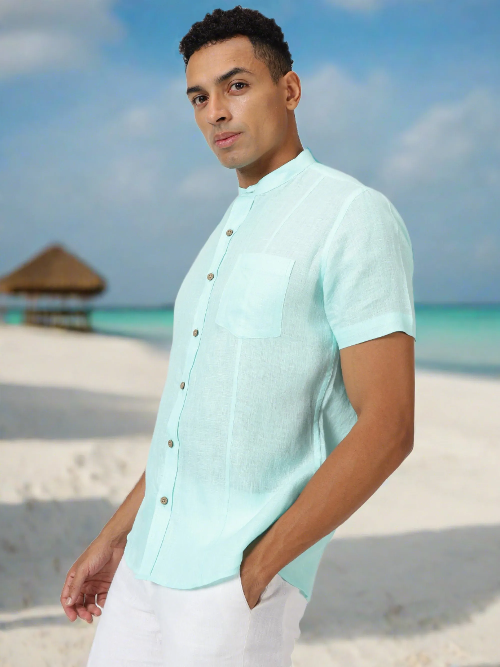 Trevor - Pure Linen Mandarin Collar Half Sleeve Shirt - Cyan Blue