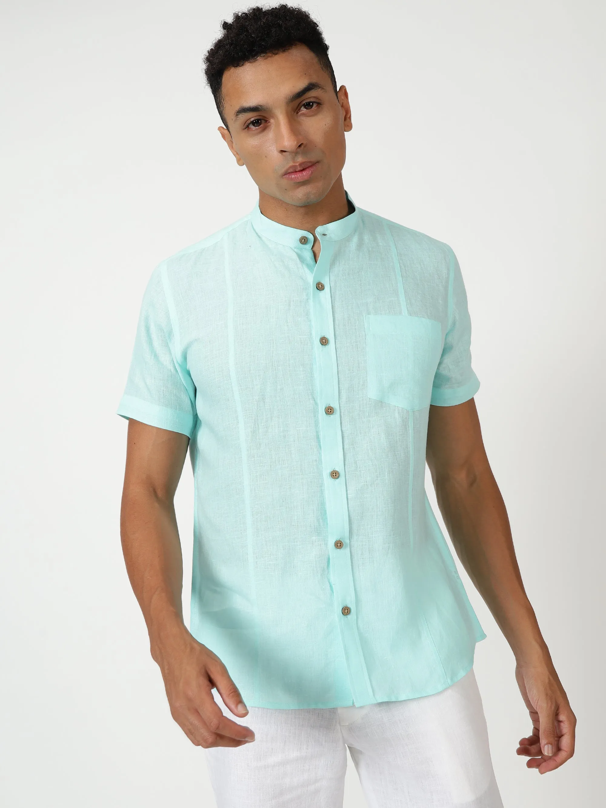 Trevor - Pure Linen Mandarin Collar Half Sleeve Shirt - Cyan Blue