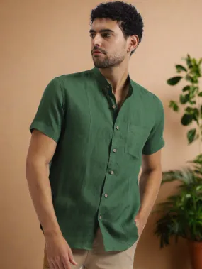 Trevor - Pure Linen Mandarin Collar Half Sleeve Shirt - Dark Green (Factory Rescue)