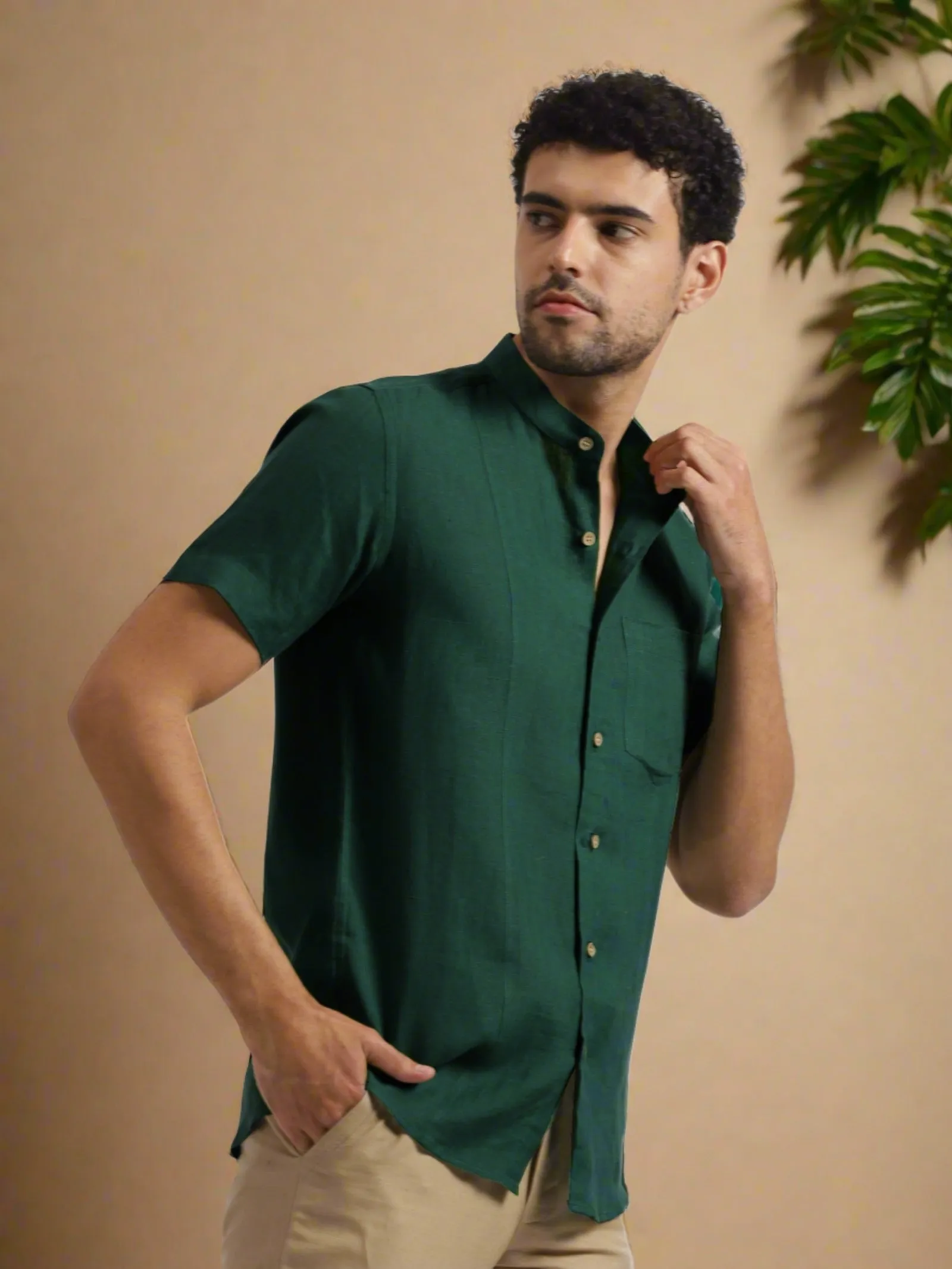 Trevor - Pure Linen Mandarin Collar Half Sleeve Shirt - Dark Pine Green