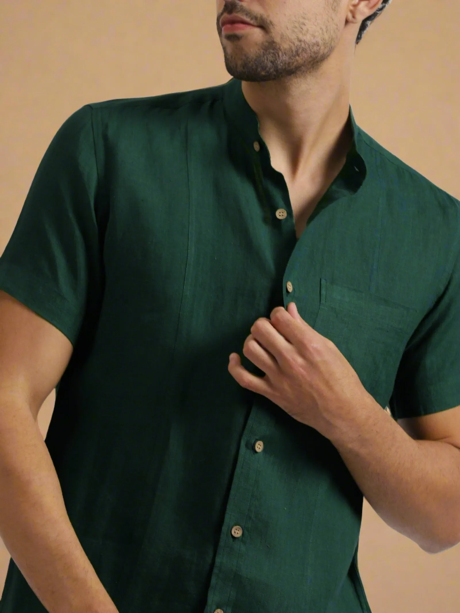 Trevor - Pure Linen Mandarin Collar Half Sleeve Shirt - Dark Pine Green