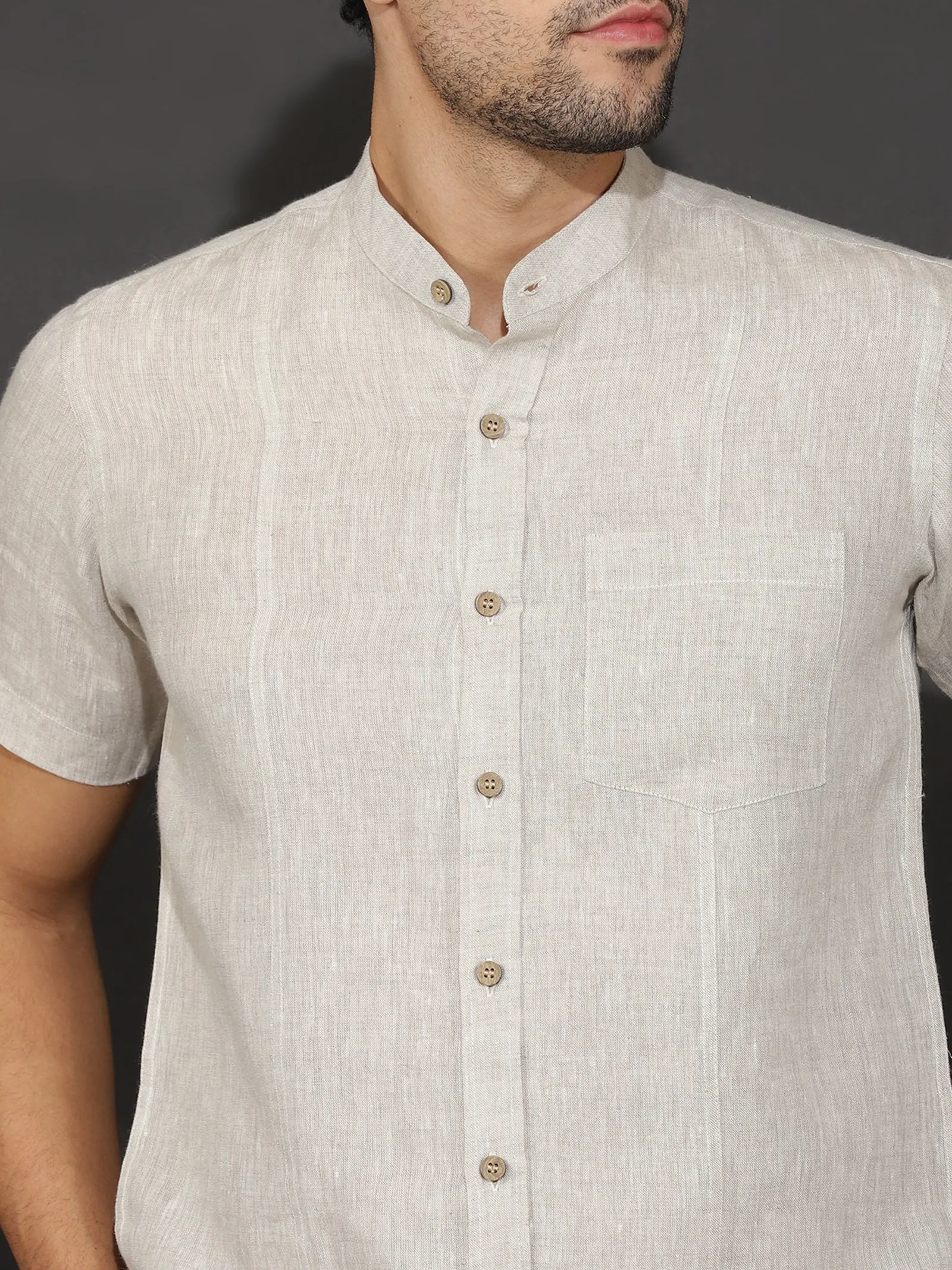 Trevor - Pure Linen Mandarin Collar Half Sleeve Shirt - Ecru