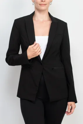 Truth lapel collar one button closure long sleeve woven blazer with zipper pocket