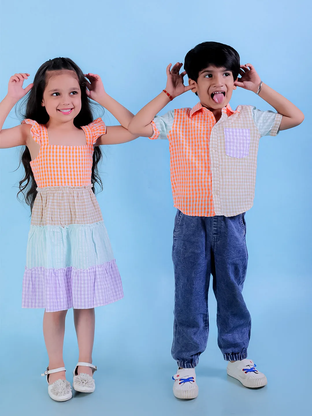 Twinning Combo-Rainbow Charm Checkered Boys Casual Shirt with Girls Casual Dress