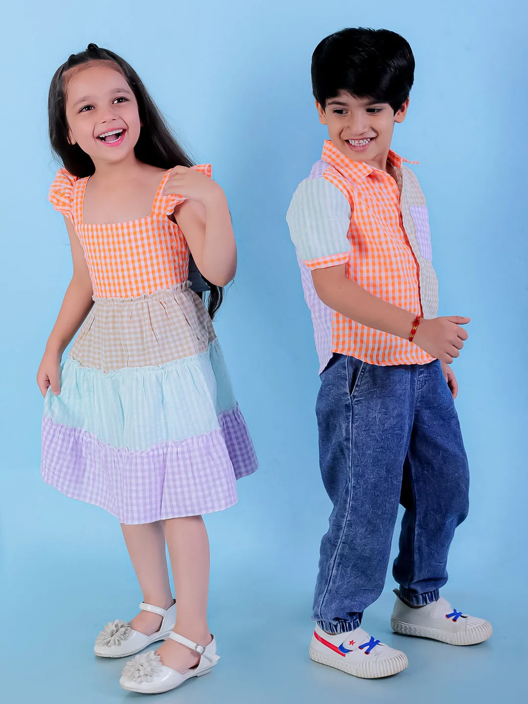 Twinning Combo-Rainbow Charm Checkered Boys Casual Shirt with Girls Casual Dress