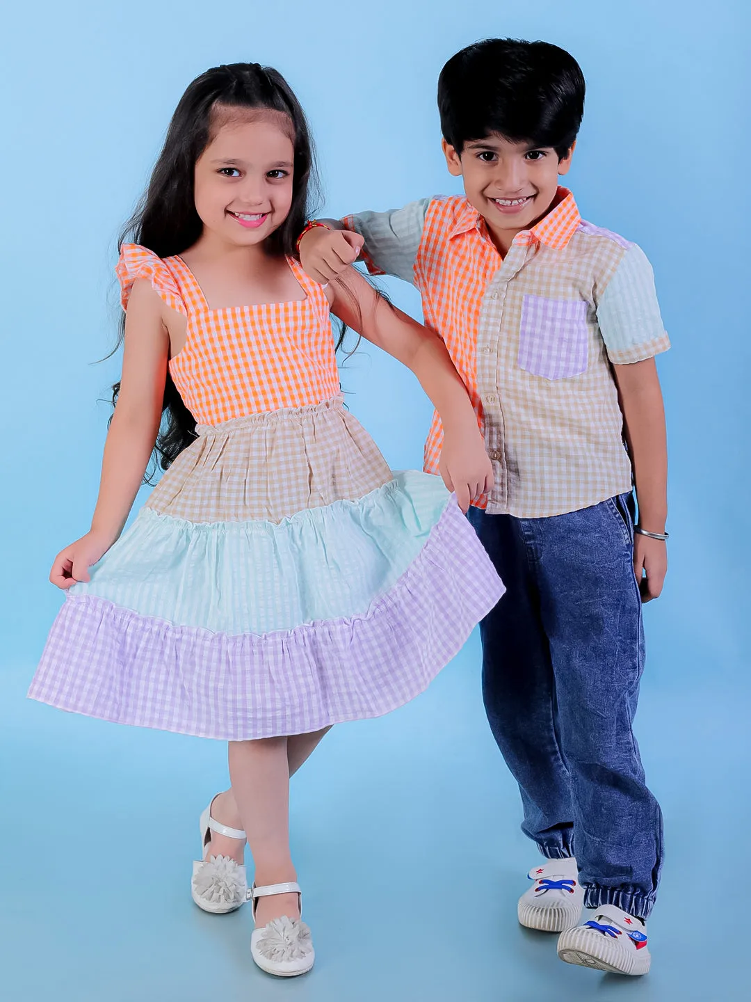 Twinning Combo-Rainbow Charm Checkered Boys Casual Shirt with Girls Casual Dress