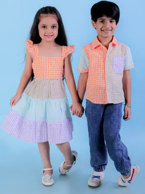 Twinning Combo-Rainbow Charm Checkered Boys Casual Shirt with Girls Casual Dress