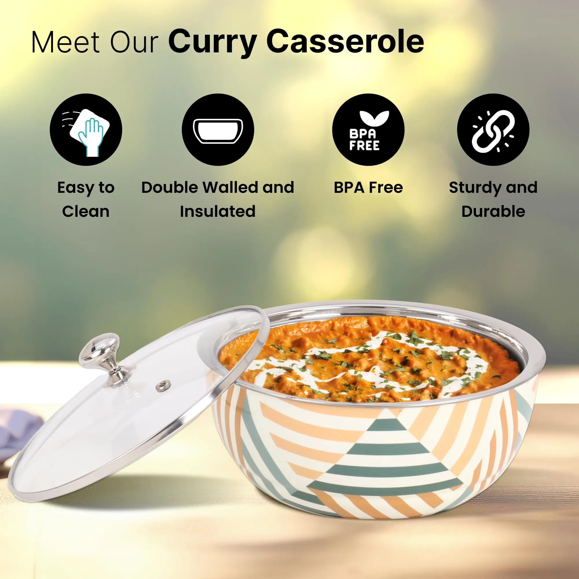 UMAI Double Walled Insulated Serving Curry Casserole (1.5L) | Stainless Steel Hotpot with Transparent Glass Lid & Coaster | Hot Pot for Roti Box | Curry Bowls for Serving