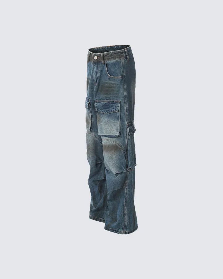 Vintage Washed Multi-Pocket Denim Cargo Pants