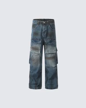 Vintage Washed Multi-Pocket Denim Cargo Pants