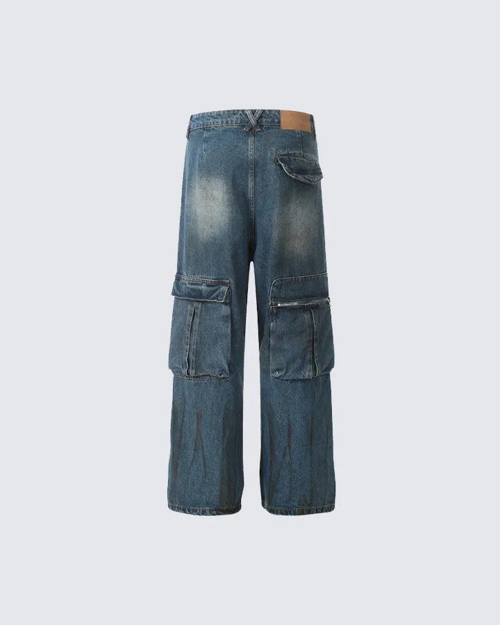 Vintage Washed Multi-Pocket Denim Cargo Pants