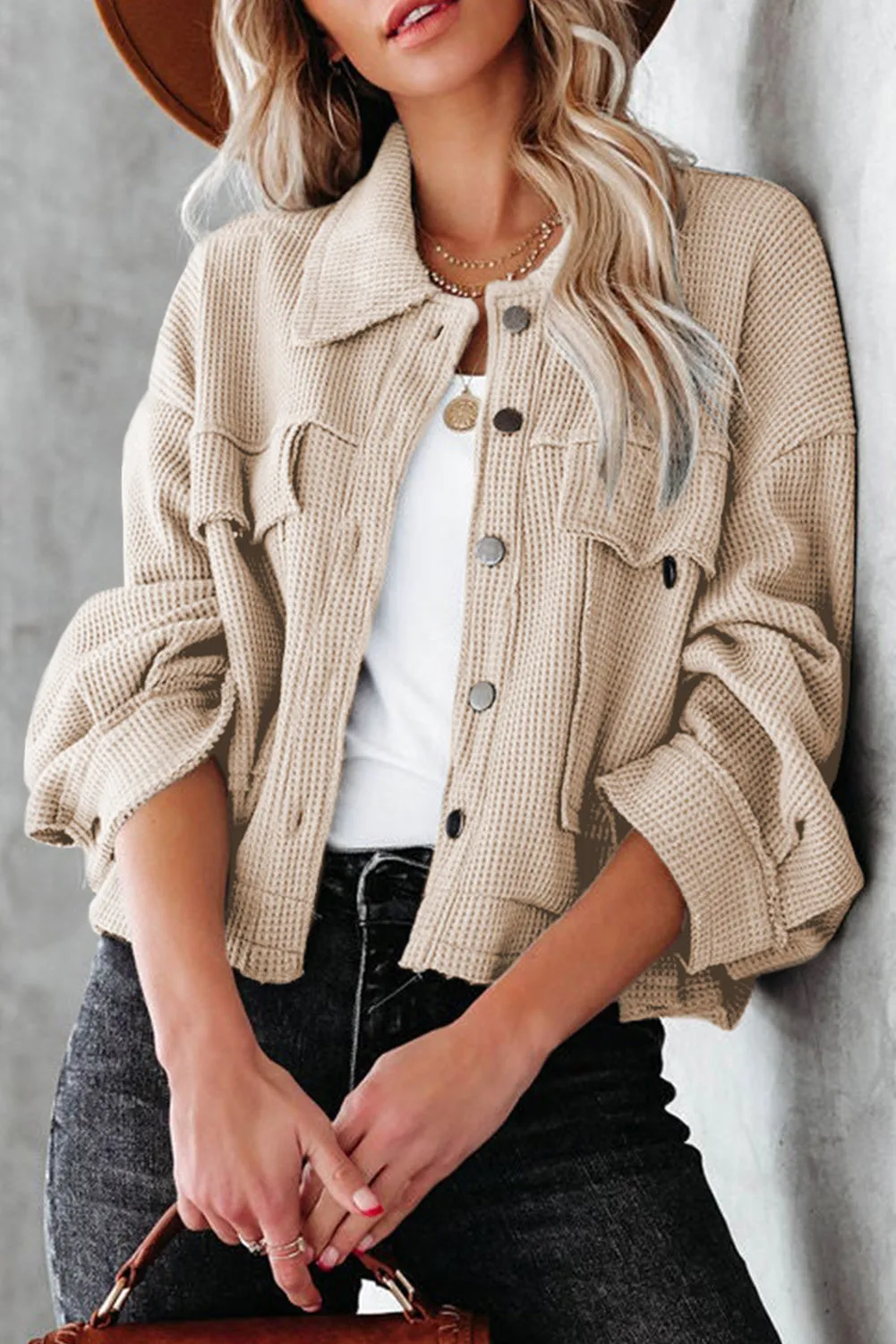 Waffle Knit Buttons Cropped Jacket with Pockets