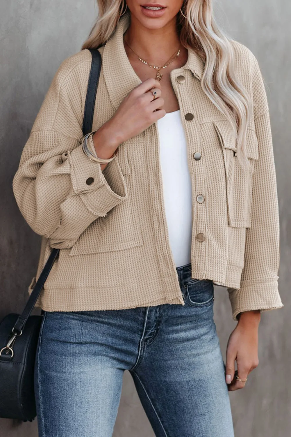 Waffle Knit Buttons Cropped Jacket with Pockets