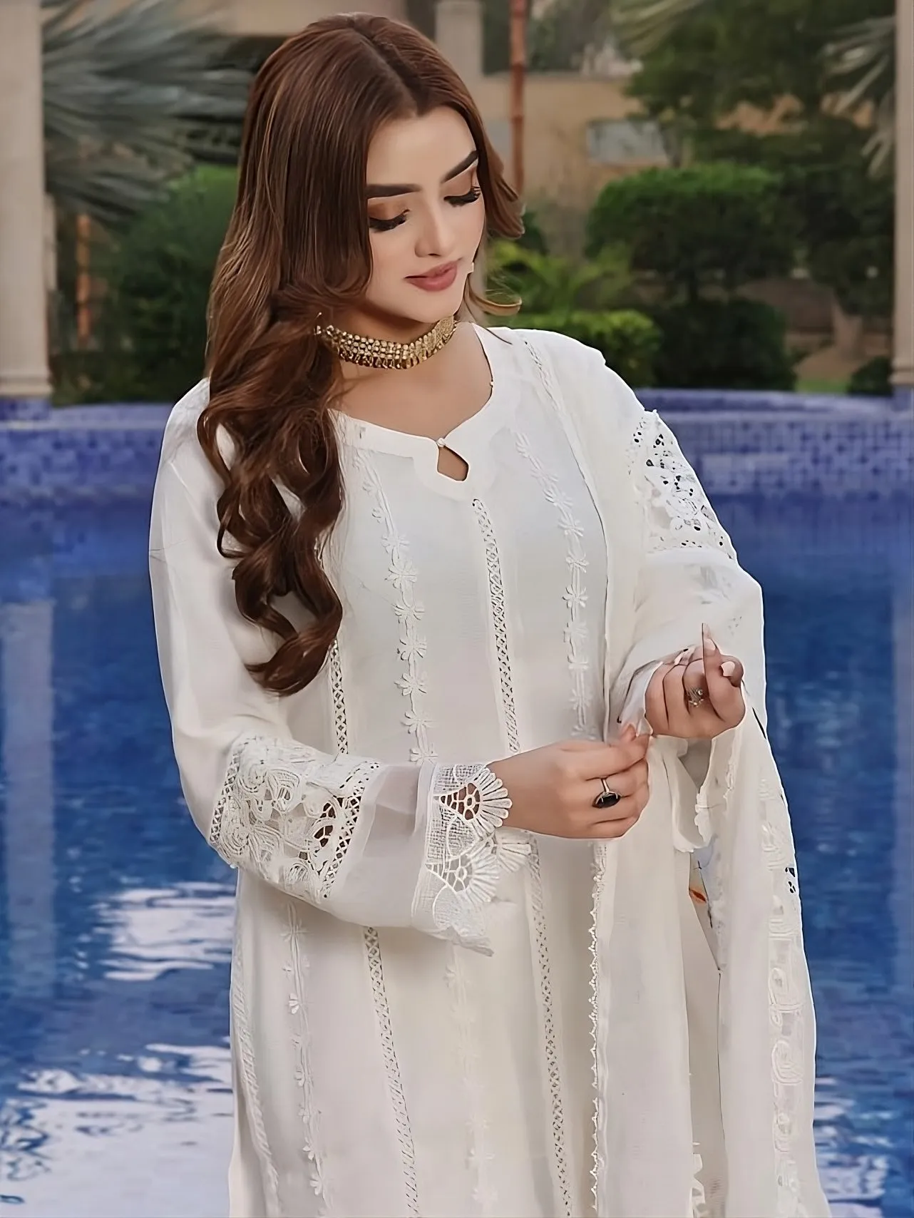 Wardah Uzair Luxury Cotton Net Suit - White