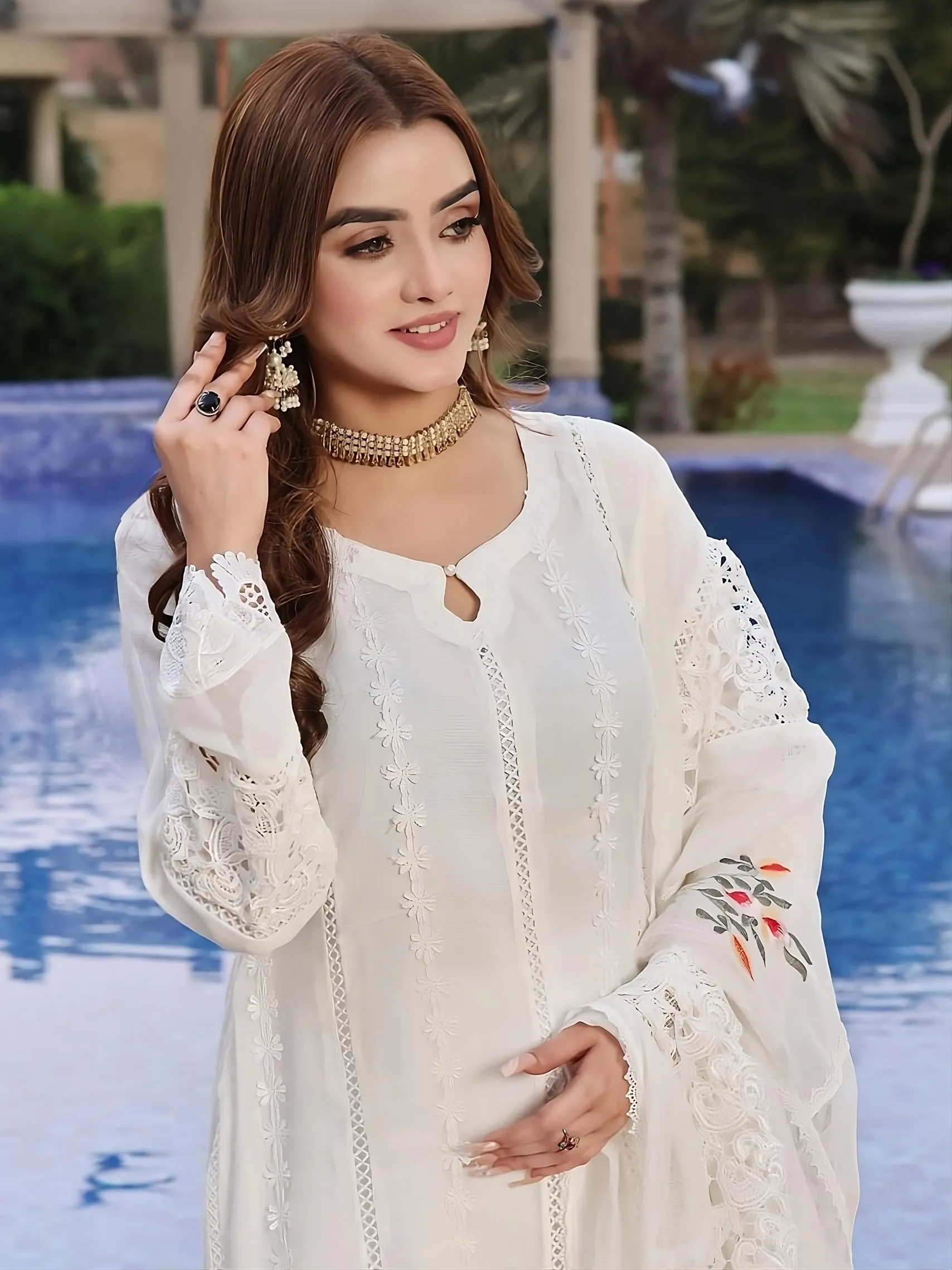 Wardah Uzair Luxury Cotton Net Suit - White