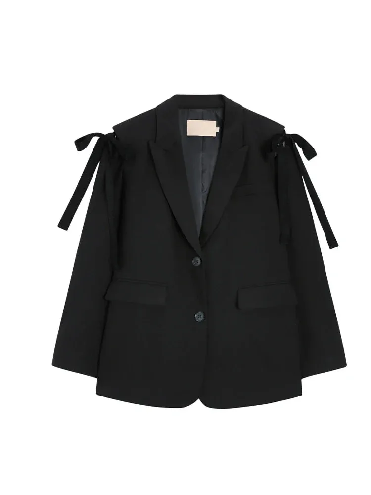 Wenkouban-Winter outfits Christmas Black Friday French Bow Notched Collar Two Button Black Blazer