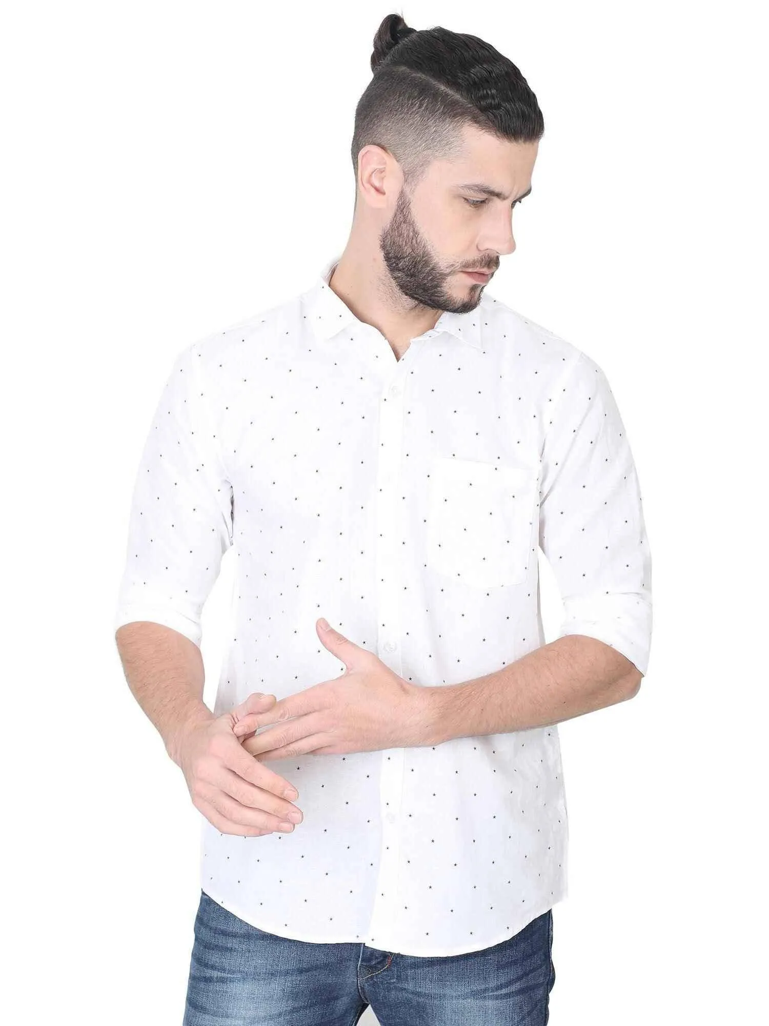 White Linen Printed Casual Shirt