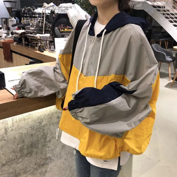 Windbreaker Color Block Hooded Oversized Bomber Jacket